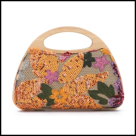 Handbags - Floral Embroidery Sequin Clutch Evening Bag Elegant Formal Party Wood Handle